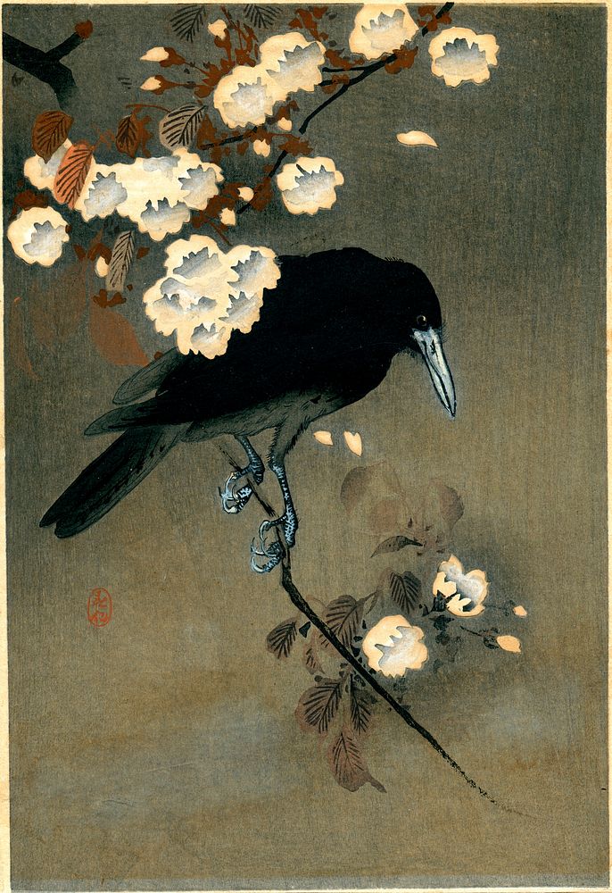 Woodblock print by Ohara Koson (1887-1945) of a crow and blossom