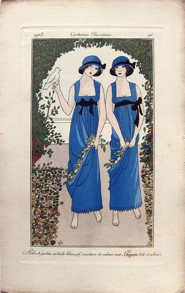 Costumes Parisiens Fashion illustration No.76 from Journal des dames et des modes, 1913 - Robe de jardin en toile bleu vif…