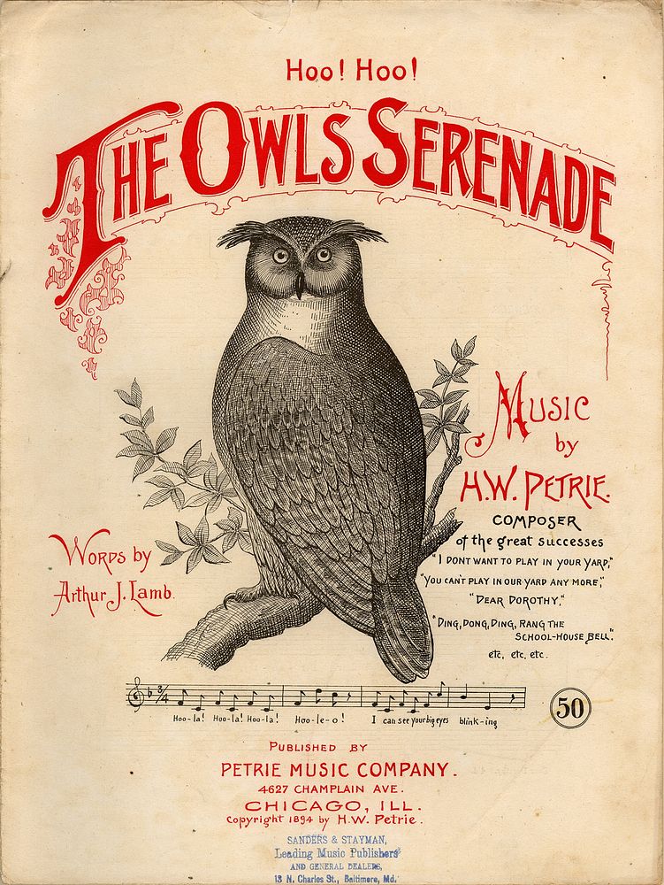 "The Owls Serenade", 1894 sheet music cover. Sheet music published by Petrie Music Co, Chicago