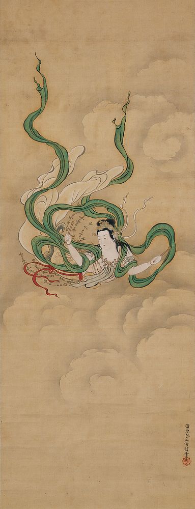 Kiyohara Yukinobu, Japanese, 1643 - 1682; Flying Celestial (Apsaras); second half 17th century; Hanging scroll; Ink, color…