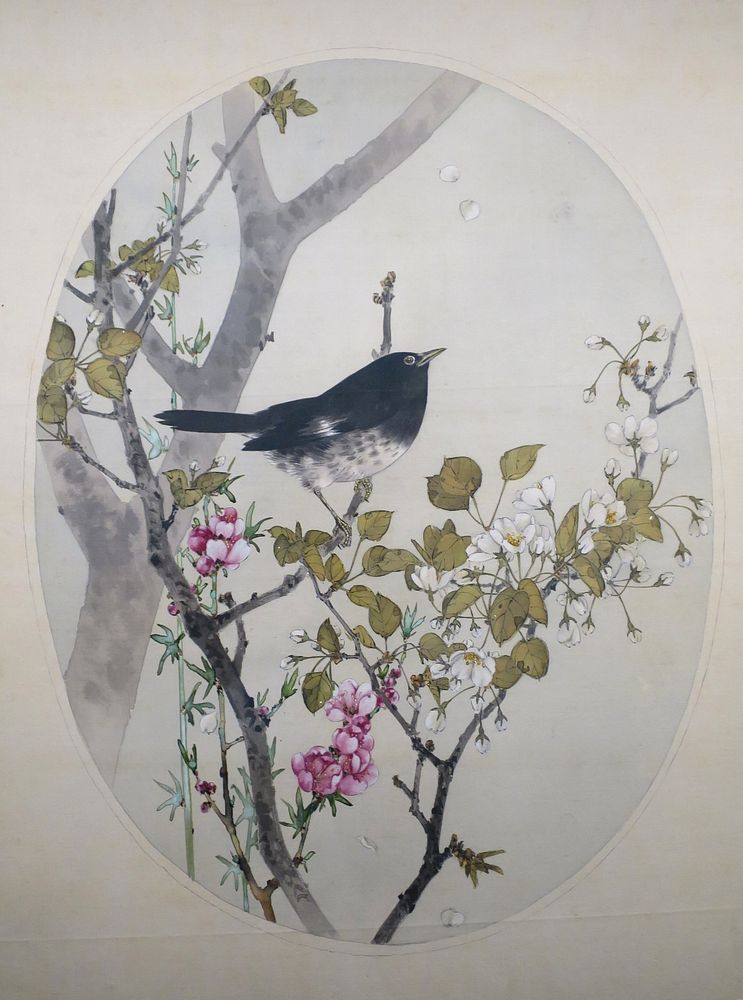 Japanese Thrush with Flowering Quince and Wild Cherry by Watanabe Seitei (Watanabe Shotei), c. 1906, color on silk, Tokyo…