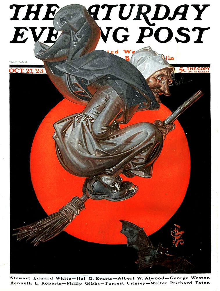 Couverture de magazine représentant une sorcière enfourchant un balai