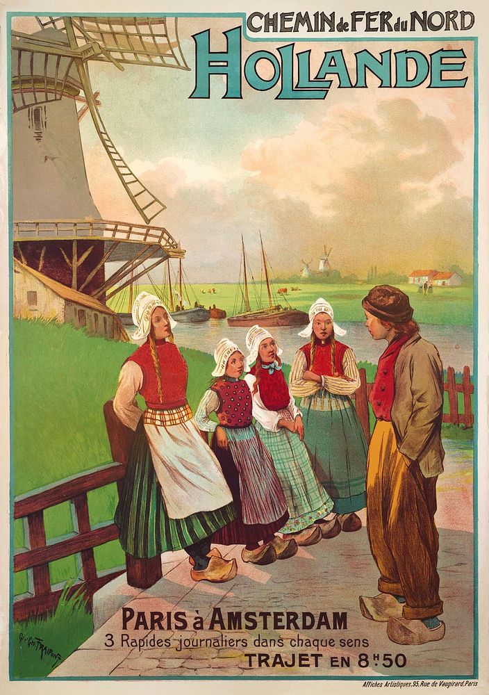 Hollande-affiche voor Nord: een groep meisjes en een jongen in klederdracht en op klompen. Uiteraard dienden windmolens als…