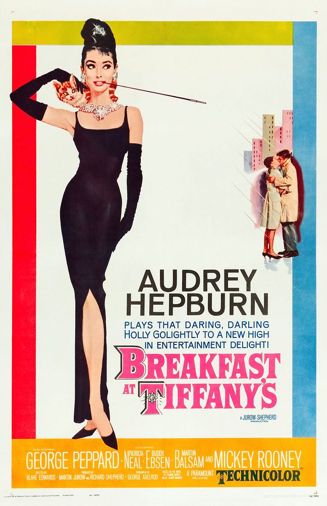 Theatrical poster for the American release of the 1961 film Breakfast at Tiffany's. The iconic illustration depicts the…