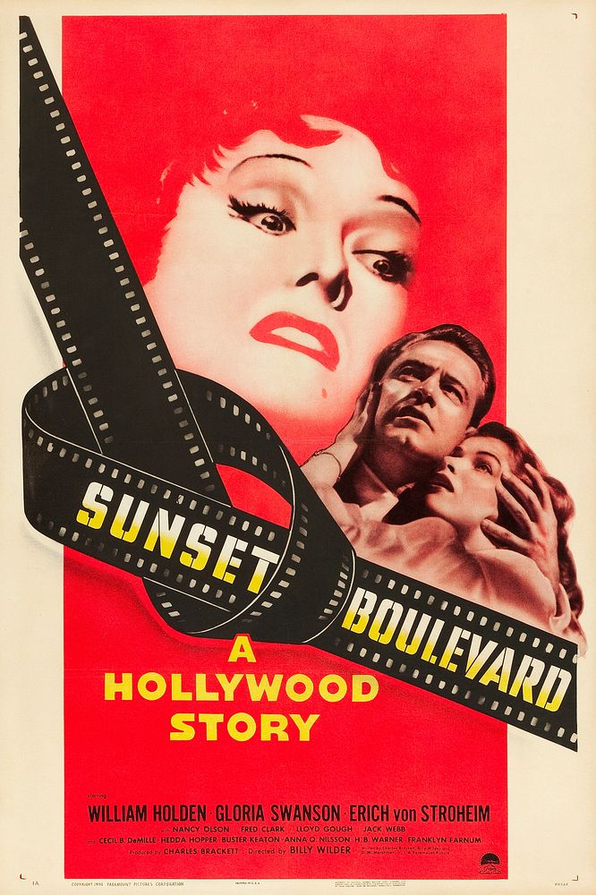 Theatrical poster for the American release of the 1950 film Sunset Boulevard. In the illustration, the disturbed face of has…