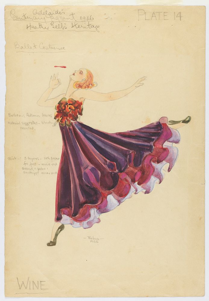 Wine Ballet Costume for Adelaide’s Centenary Pageant, 1936, Thelma Afford (nee Thomas), State Library of New South Wales…