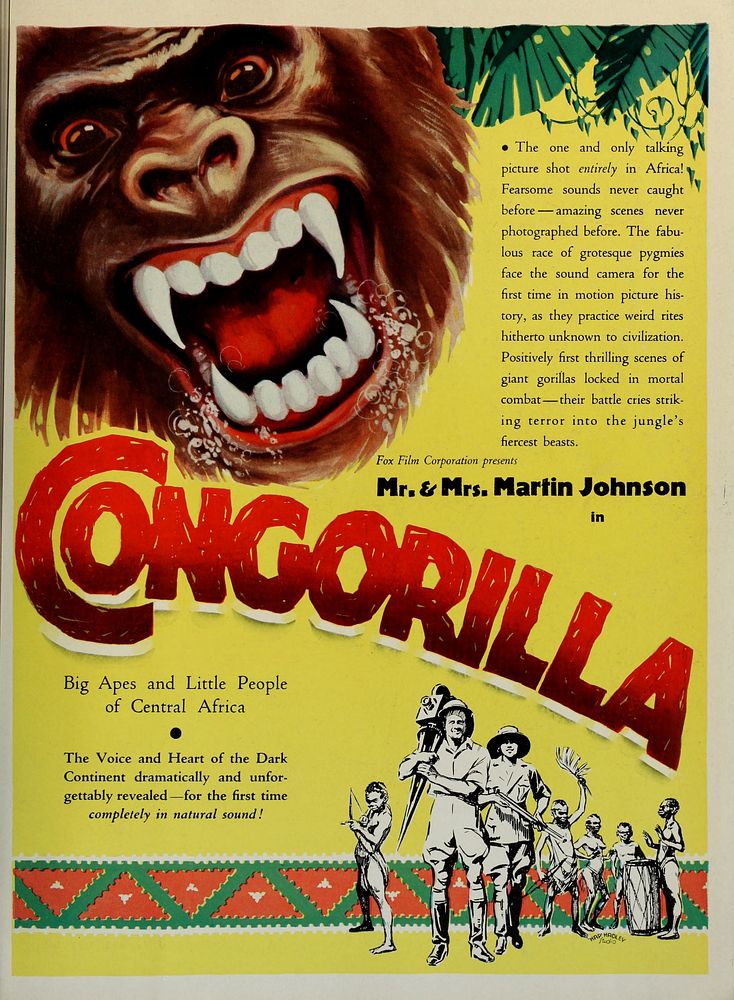 Promotional material for the film Congorilla, featuring Martin and Osa Johnson, released in 1932.