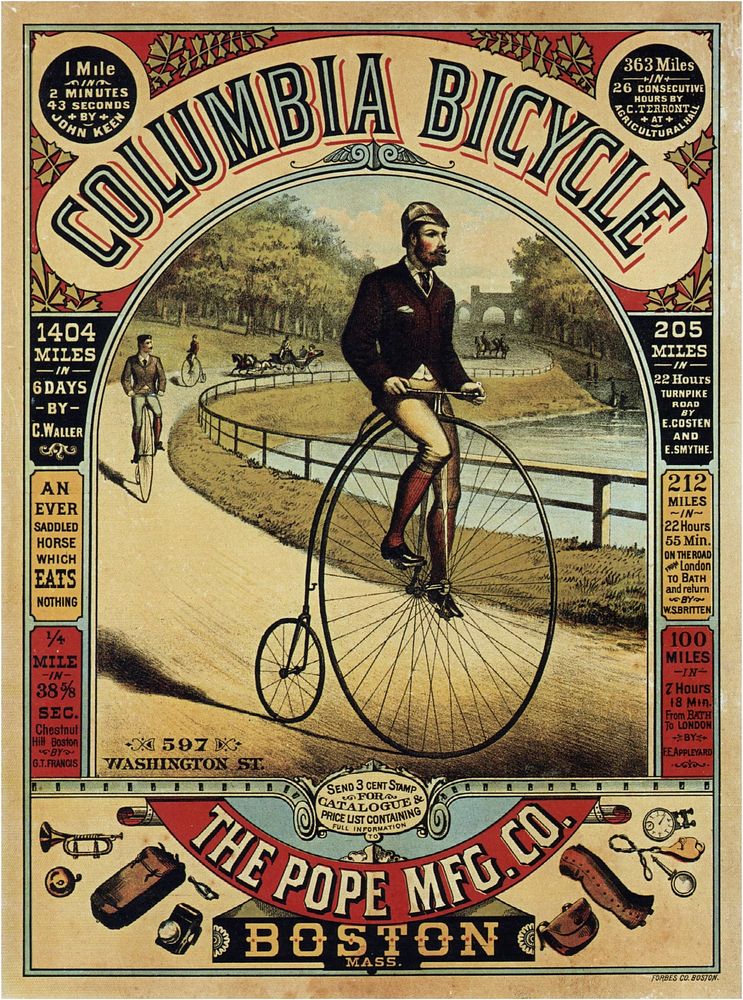 Bicycle art poster of Columbia Bicycle for The Pope Mfg. Co. featuring 597 Washington St. and the Penny Farthing type of…