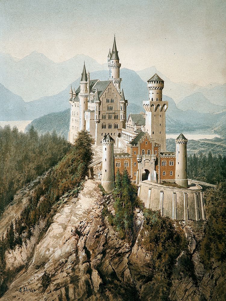 Neuschwanstein Castle in Upper Bavaria. Largest extant watercolor painting by Hitler.