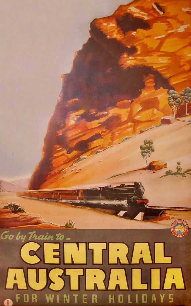 A poster of the former Commonwealth Railways advertising train travel to winter holidays in Central Australia