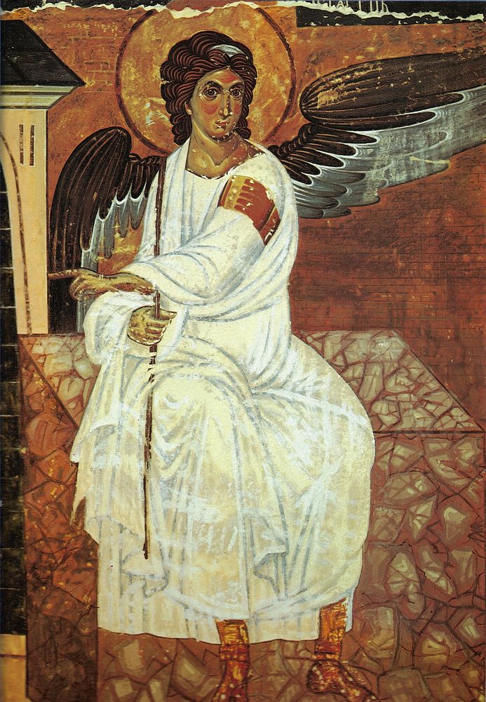 The White Angel from the Myrrhbearers fresco in Mileseva Monastery, Serbia.