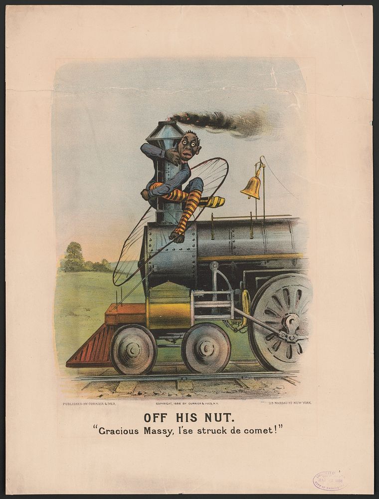 Off his nut: "Gracious massy, I'se struck de comet!" (1886) by Currier & Ives.