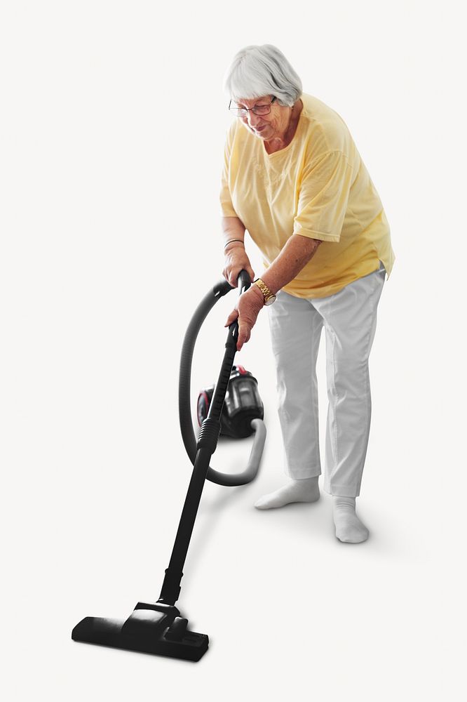 Senior woman vacuuming isolated image on white