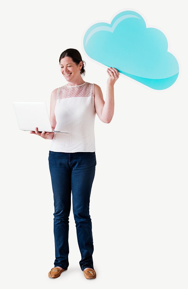 Woman computer cloud network isolated graphic psd
