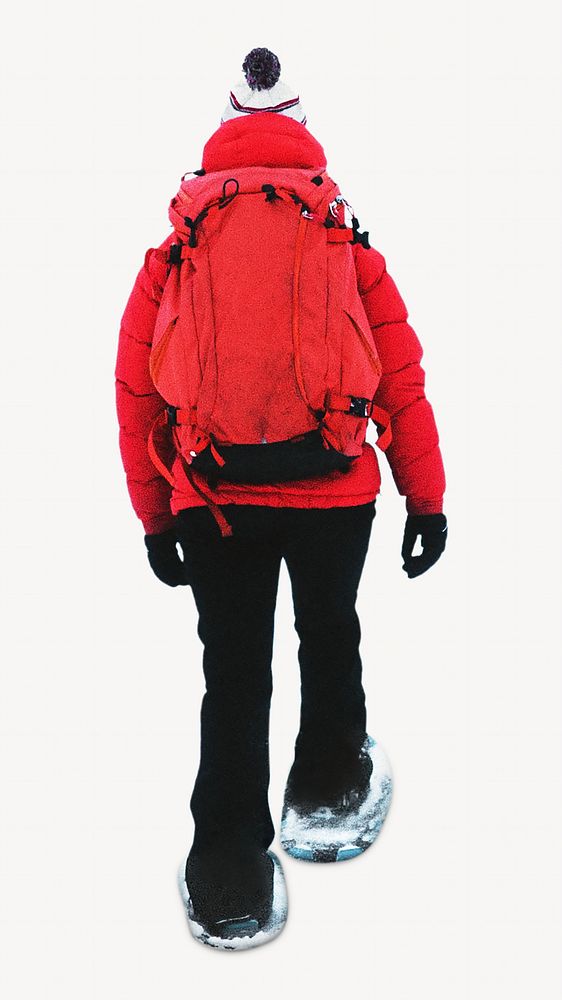 Woman winter trekking isolated image on white