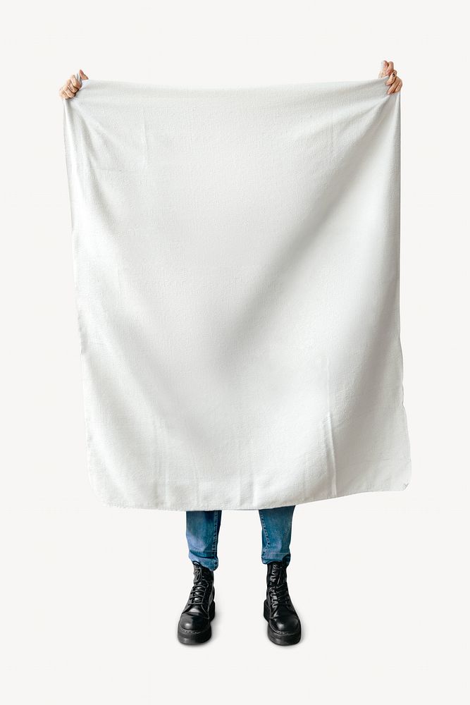 Person holding white fabric isolated image on white