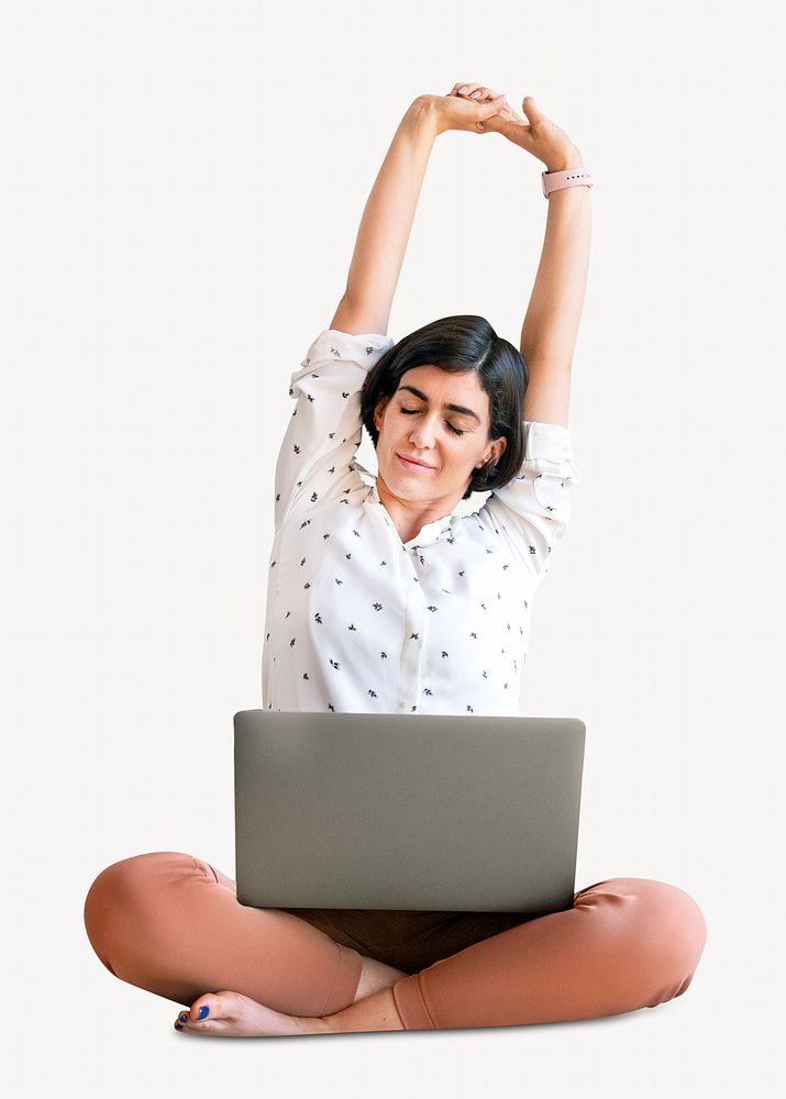 Working-woman freelancer stretching  isolated image