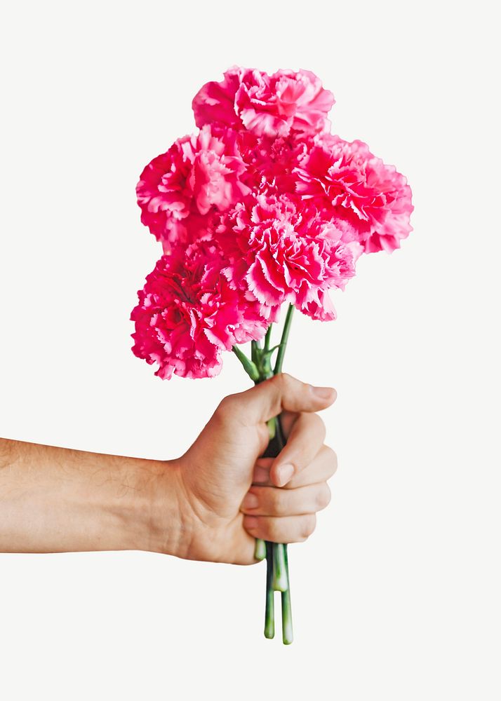 Handholding pink flowers bouquet psd