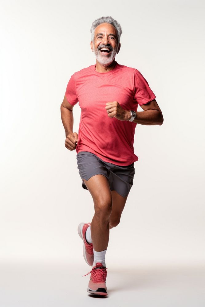 60 years old hispanic Senior man running footwear smiling jogging. 