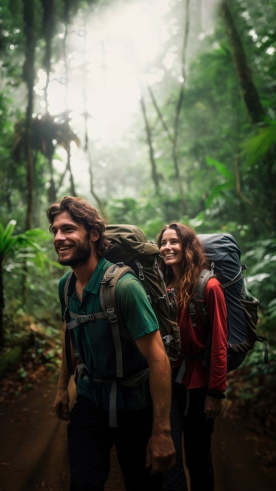 couple of backpackers adventure in a jungle. AI generated Image by rawpixel. 