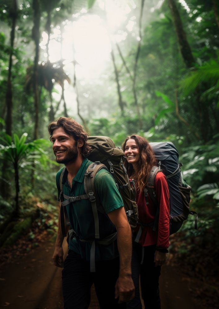 couple of backpackers adventure in a jungle. AI generated Image by rawpixel. 