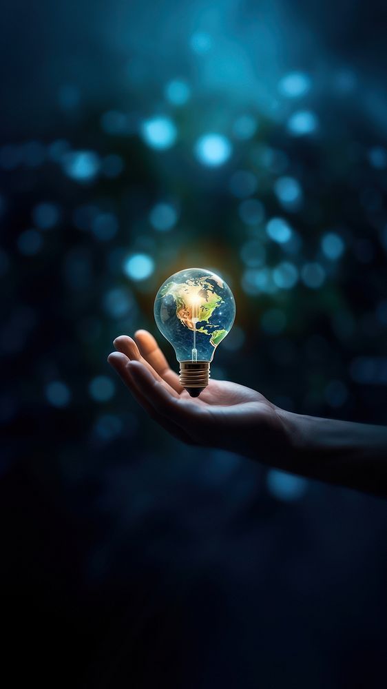 close-up remix photo of hand holding a light bulb with the earth inside.  