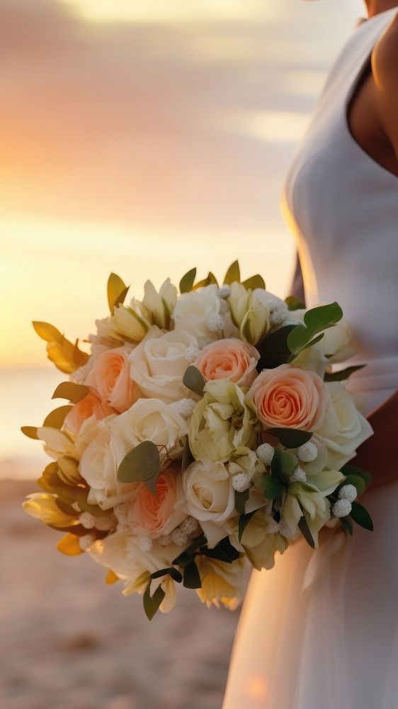 Closeup groom and bride have bouquet at the sunset beach, focus on bouquet.  