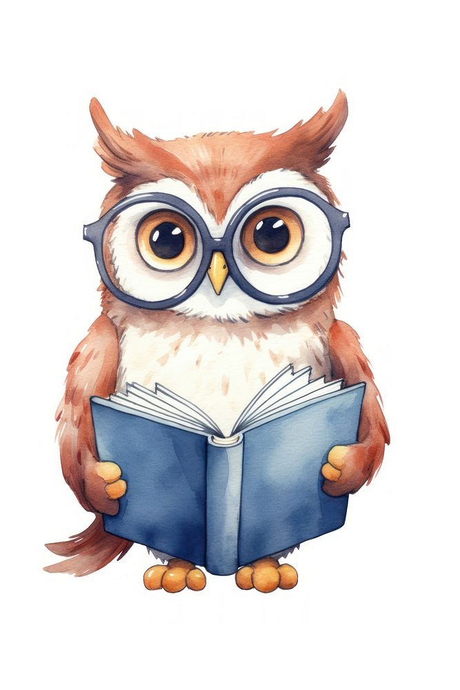 Owl reading a book cartoon white background intelligence. AI generated Image by rawpixel.