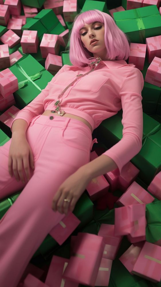 a woman lying on top of boxes of beeps in green, in the style of candycore, pink, berrypunk. AI generated Image by rawpixel. 