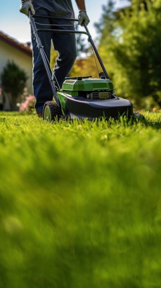 Photo of a man tending to lawn. 