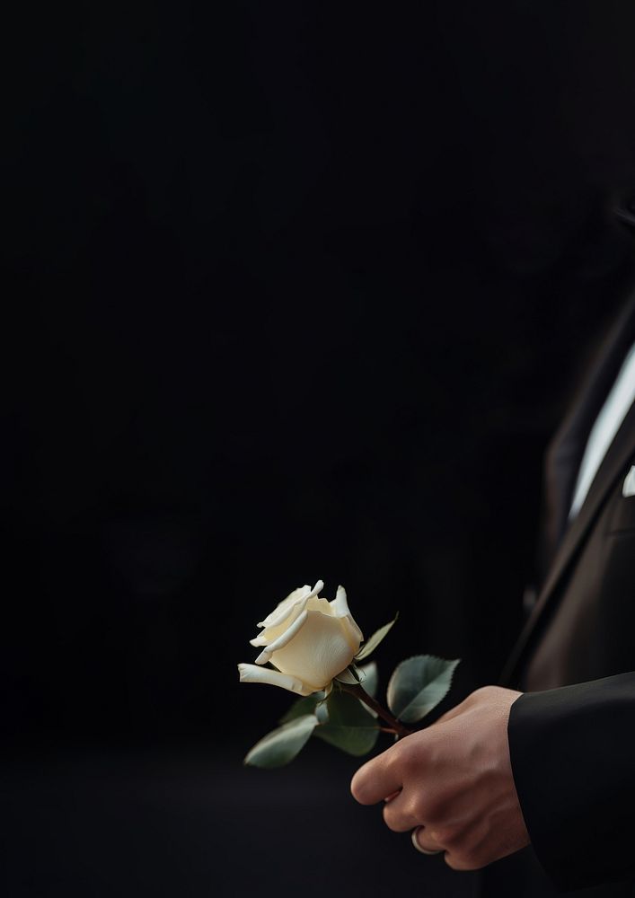 photo of hand in suit put white rose on a funeral casker.  