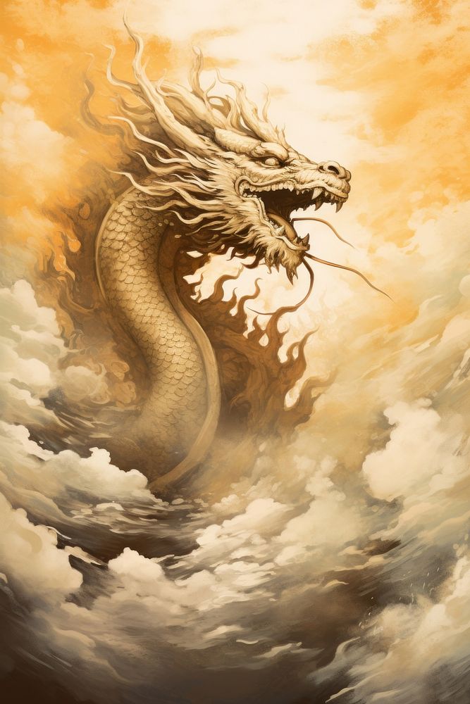 Chinese dradon flying in golden sky. 