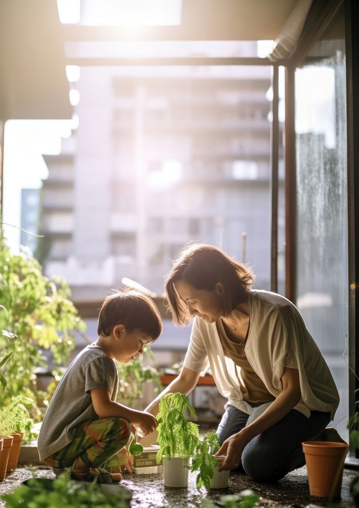 photo a Mother and son watering vegetables in their urban garden.  