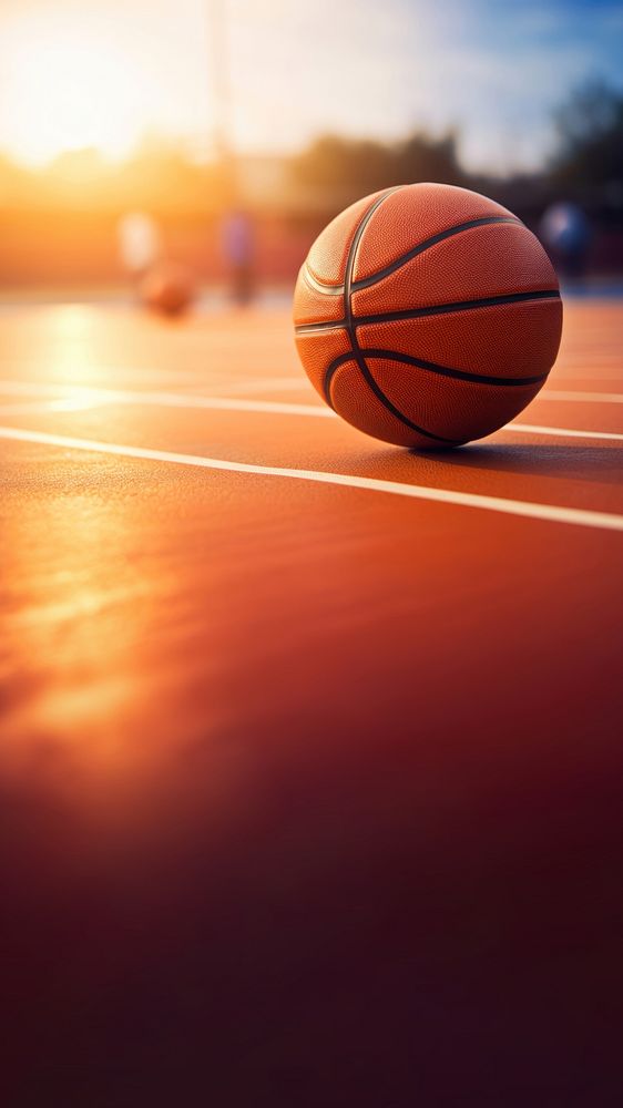 photo of Close-up of basketball on floor Field with Blurry Stadium in Background. 