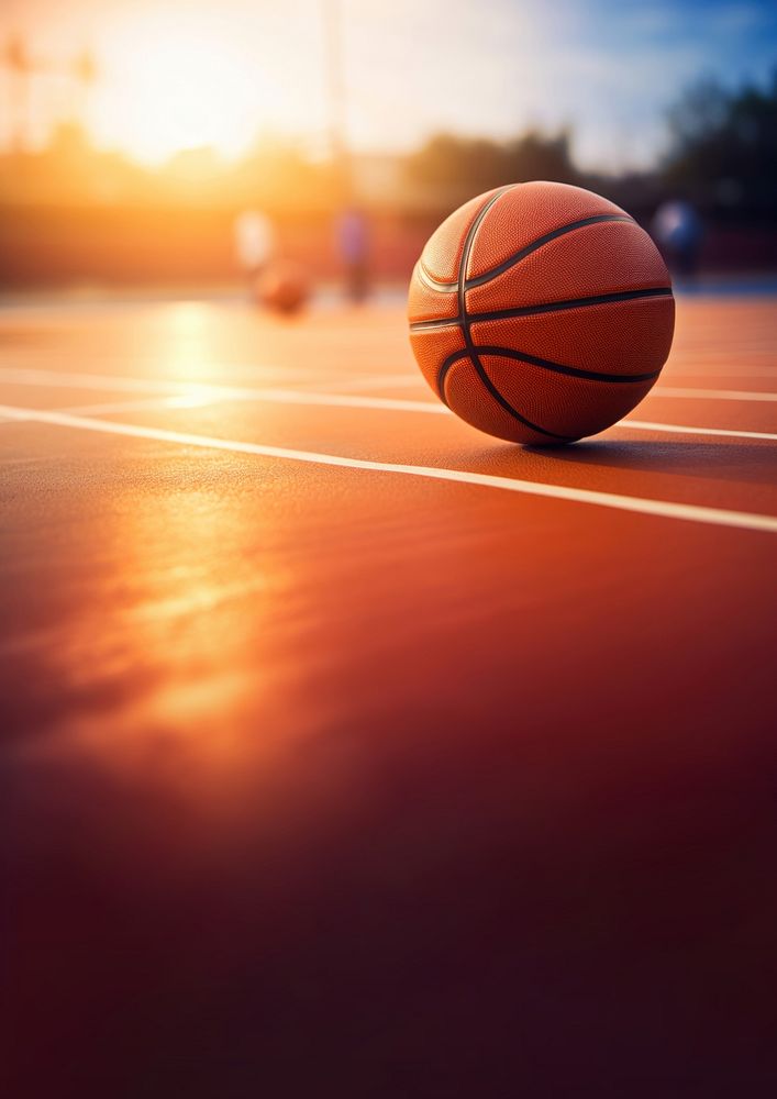 photo of Close-up of basketball on floor Field with Blurry Stadium in Background. 