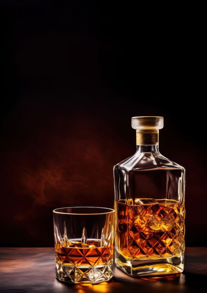 Photo of a whiskey glass and whiskey bottle. 