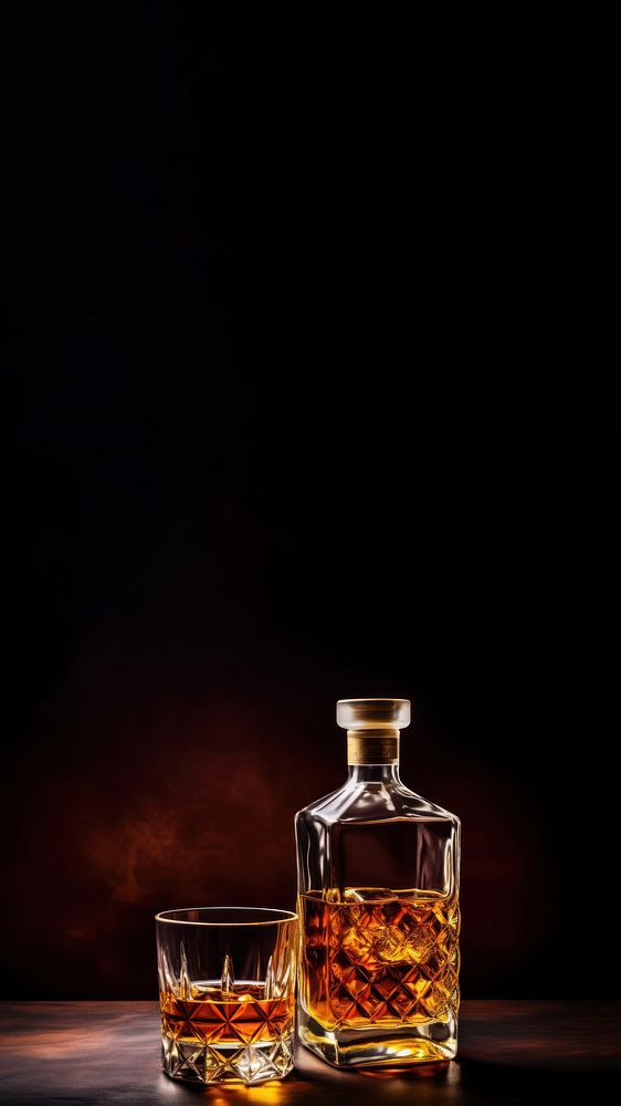 Photo of a whiskey glass and whiskey bottle. 