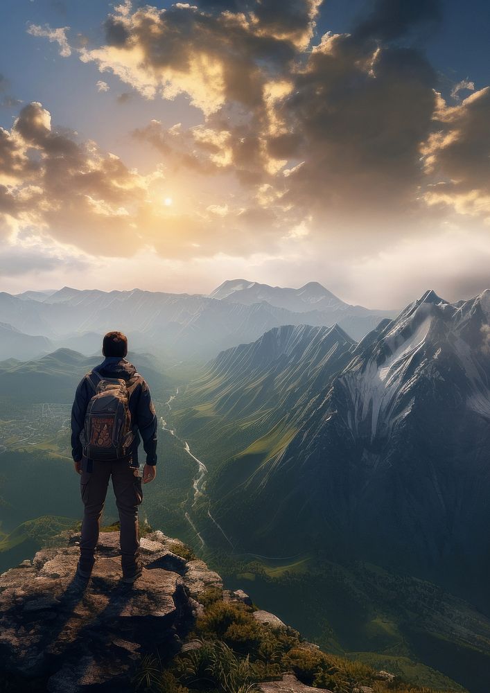 Photo of a backpacker on the top of the mountain.  