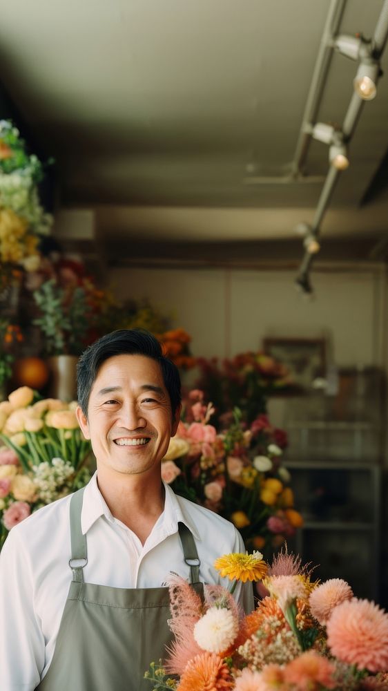 photo of local flower shop and asian man happy owner in front. 