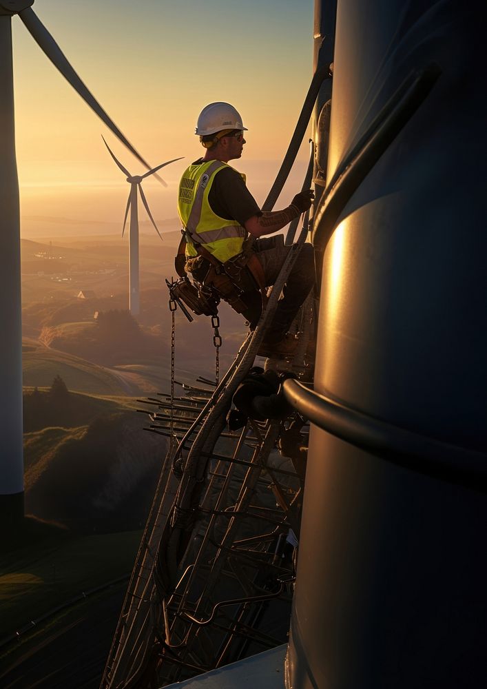 Wind turbine worker checking installation. 