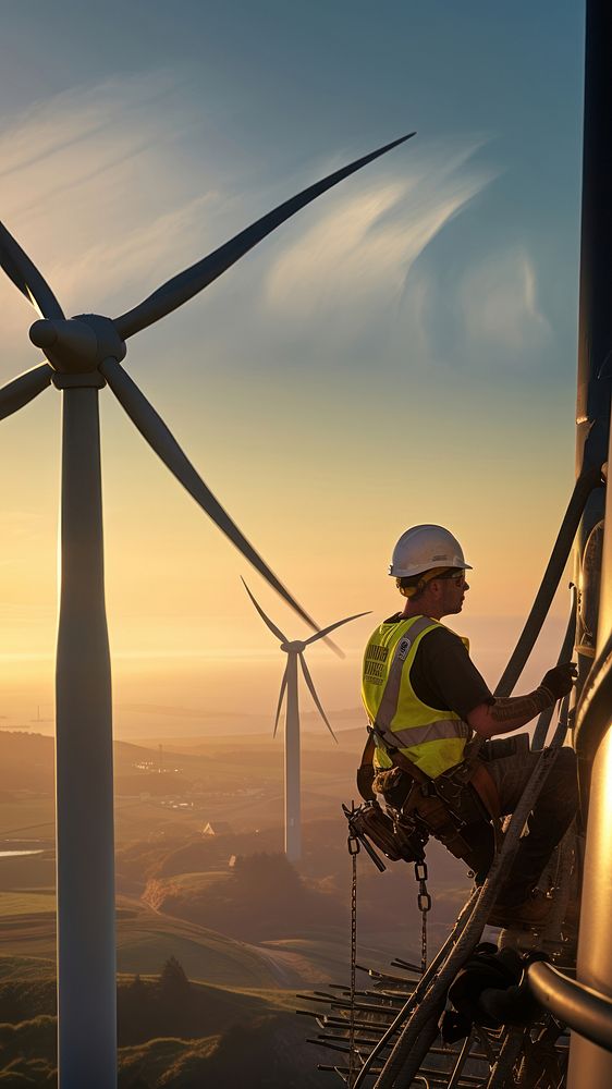 Wind turbine worker checking installation. 