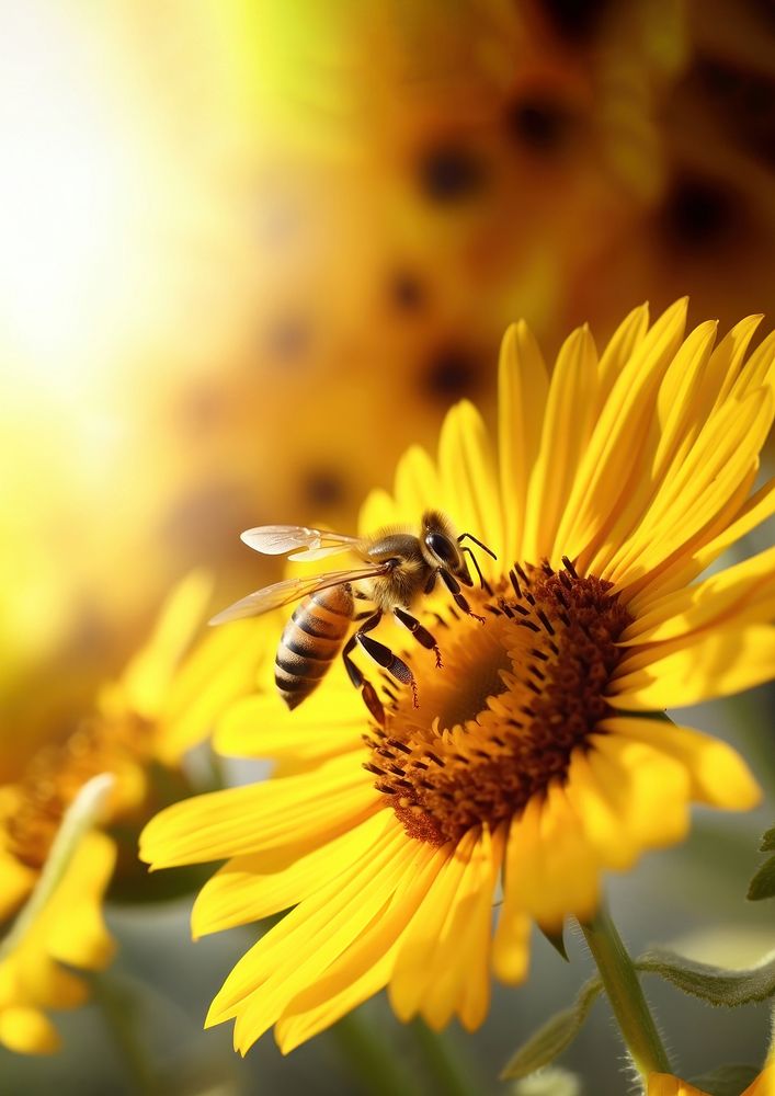 macro shot photo of mininal photo of a bee and sunflower. AI generated Image by rawpixel. 