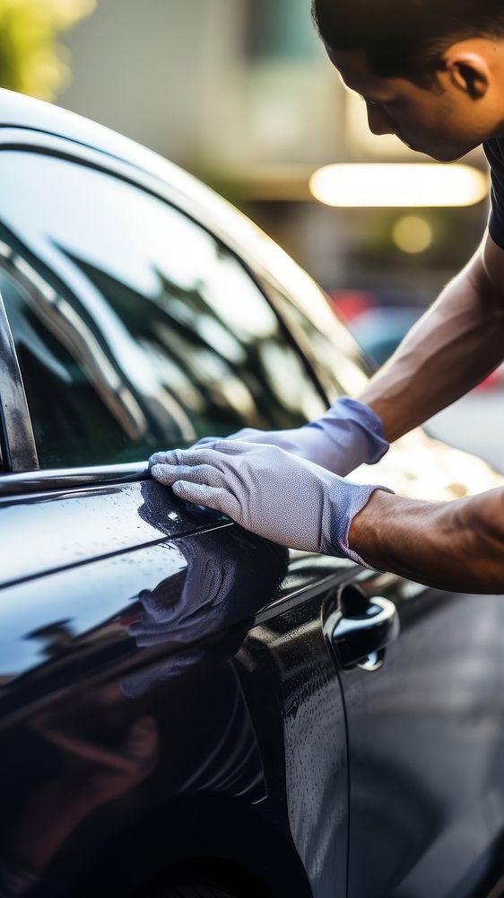 Man cleaning car with microfiber cloth, car detailing.  