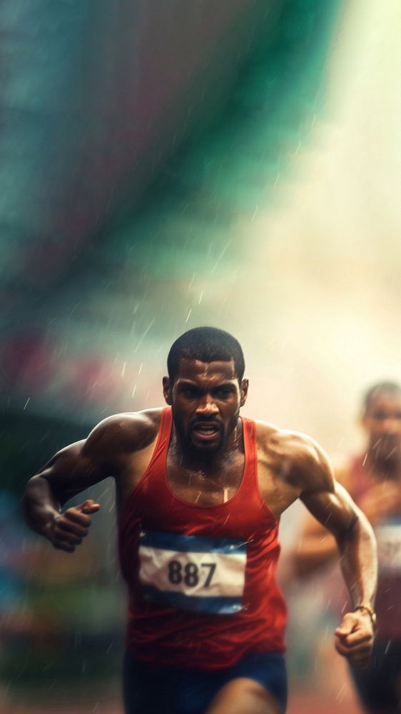 male athletes running on overcast day, blurred another male atheletes follow him. AI generated Image by rawpixel. 