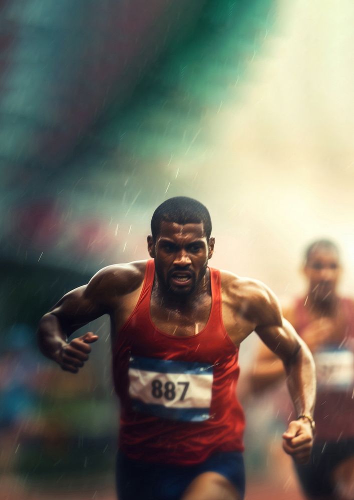 male athletes running on overcast day, blurred another male atheletes follow him.  