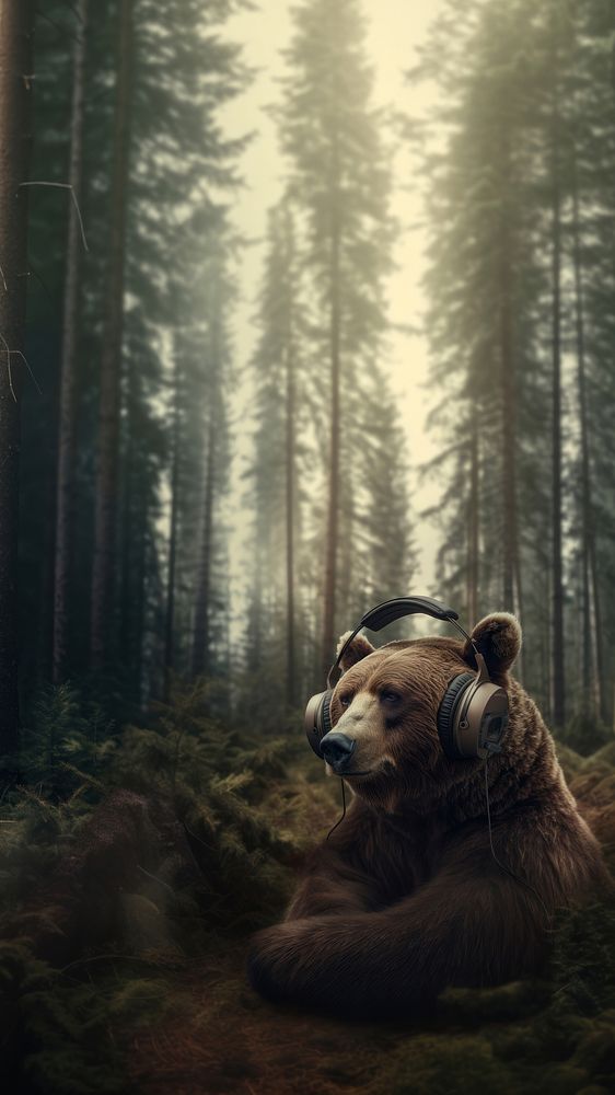 Grizzly bear wearing headphones. AI generated Image by rawpixel.