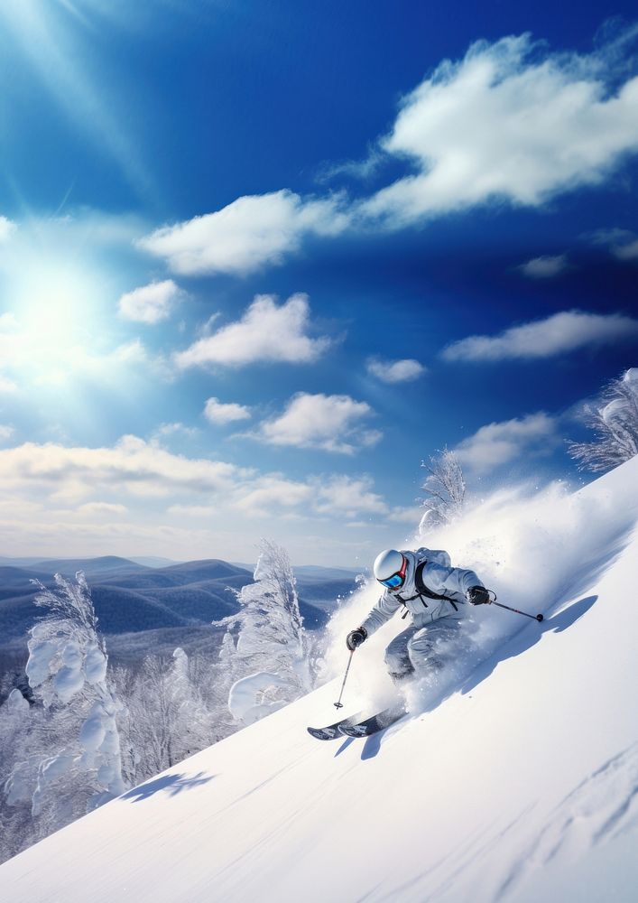 photo of Hokkaido ski resort, person skiing, copy space.  