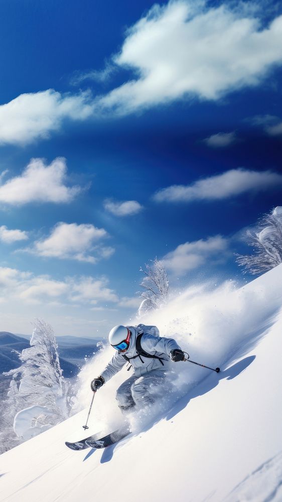 photo of Hokkaido ski resort, person skiing, copy space.  