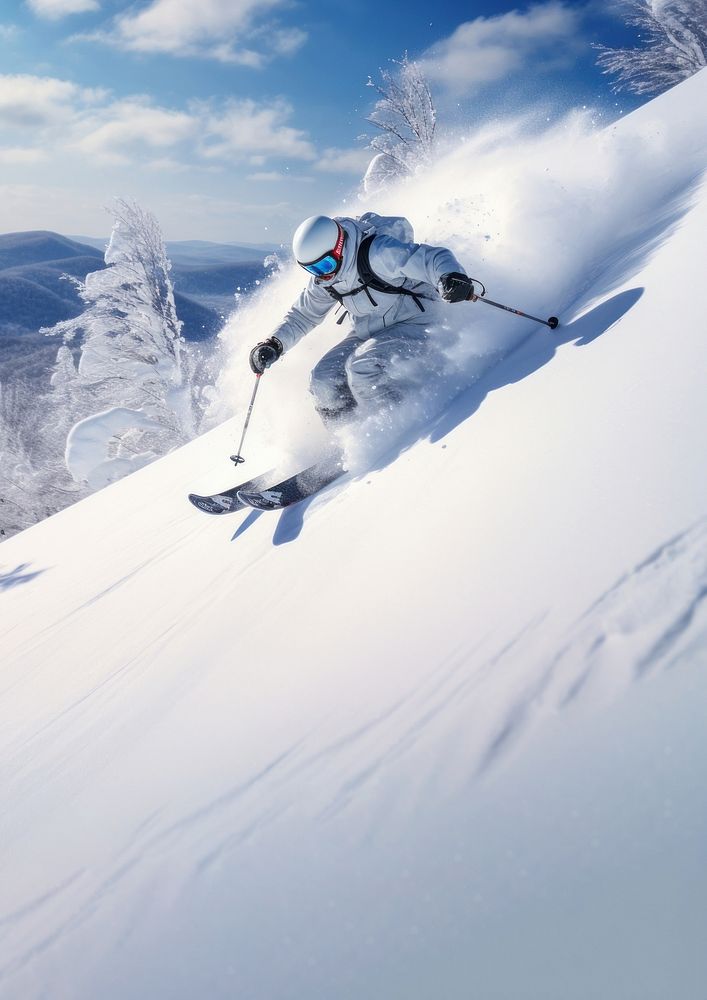 photo of Hokkaido ski resort, person skiing, copy space.  