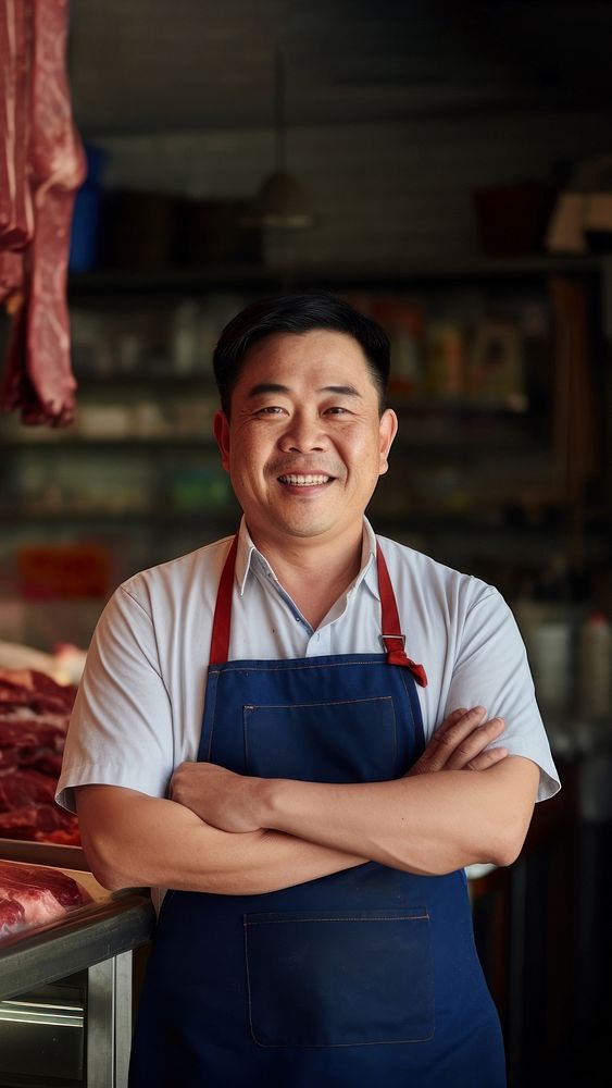 photo of local meat shop asian happy owner in front, natural light. AI generated Image by rawpixel. 